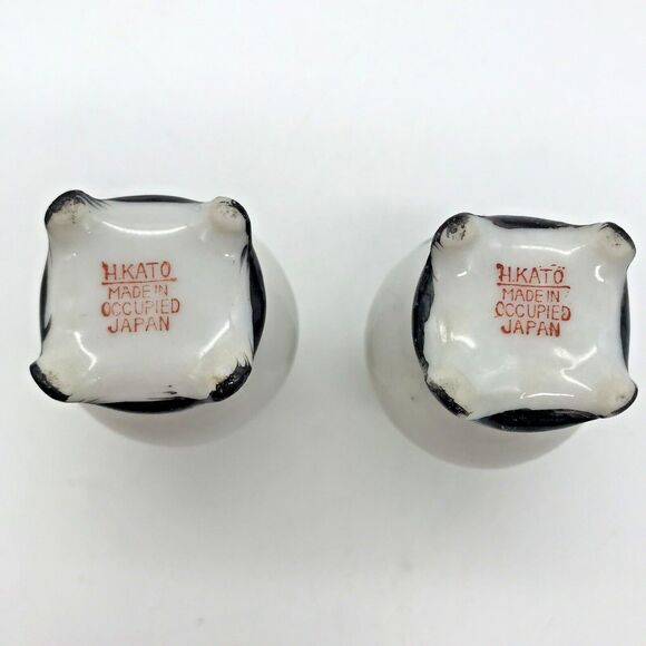 Pair Vintage Vase H KATO Miniature Footed Green Floral Occupied Japan Signed - Picture 9 of 9